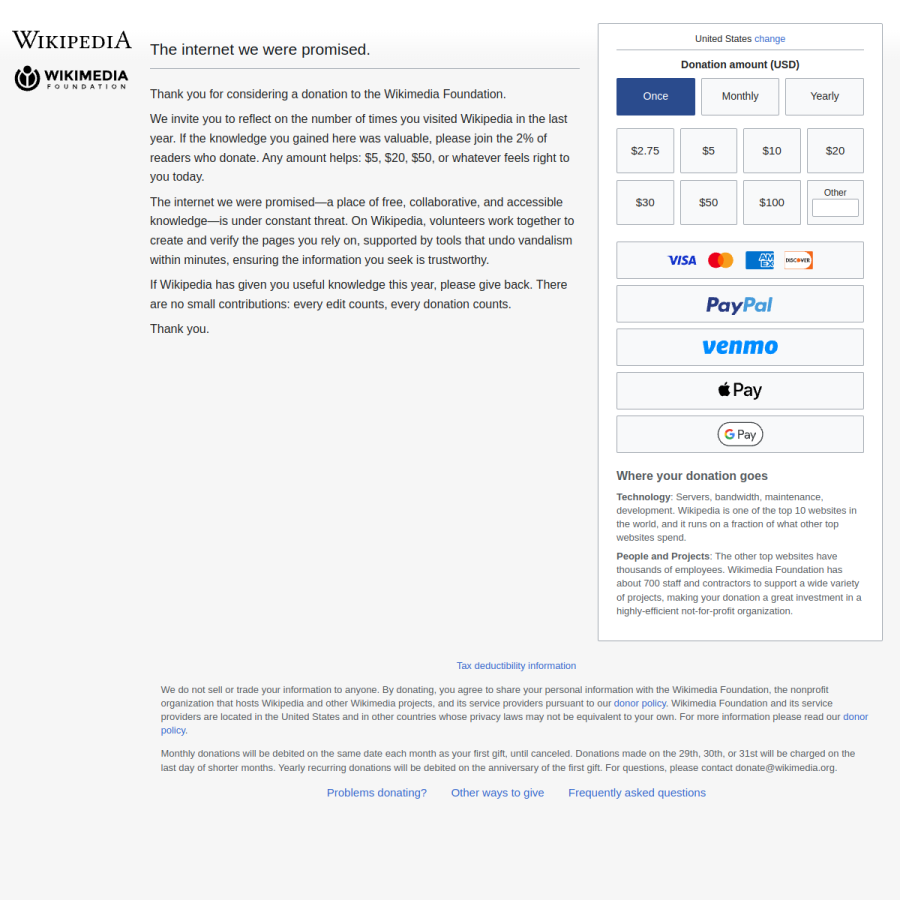 donate.wikimedia.org homepage screenshot