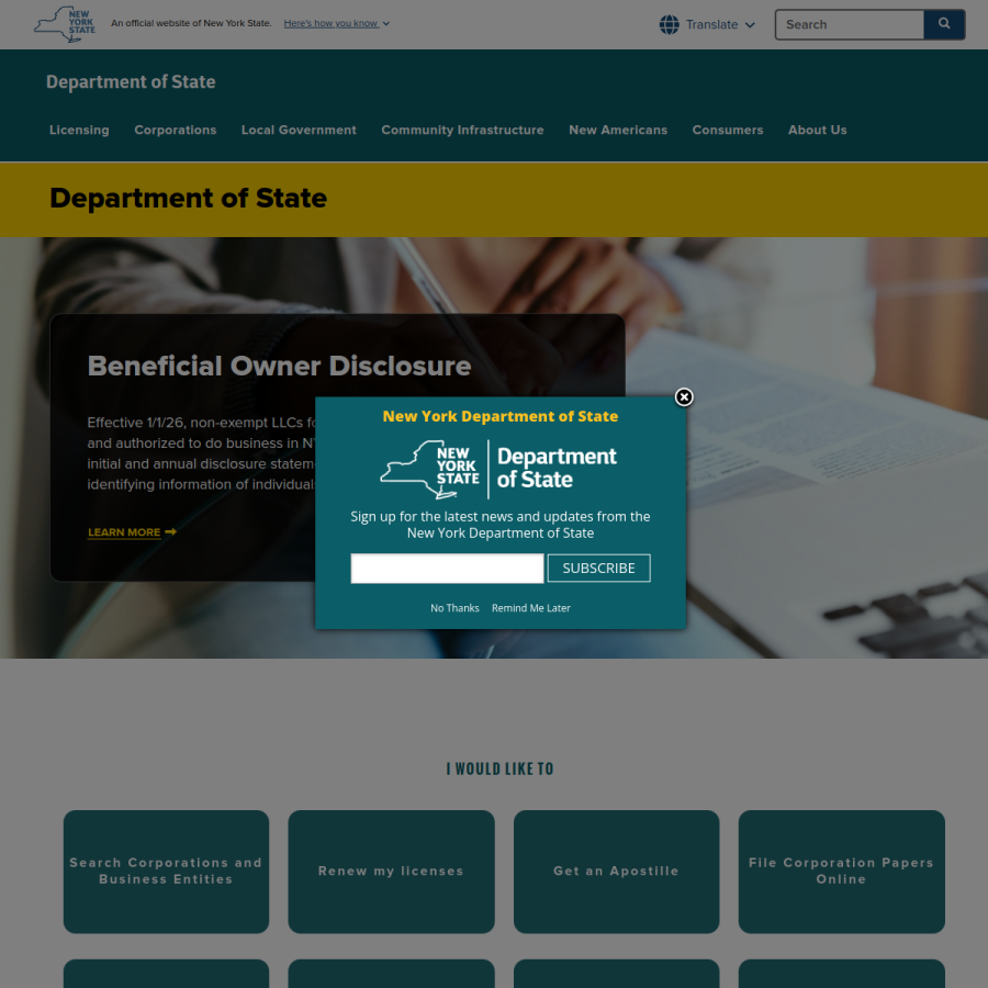 dos.ny.gov homepage screenshot