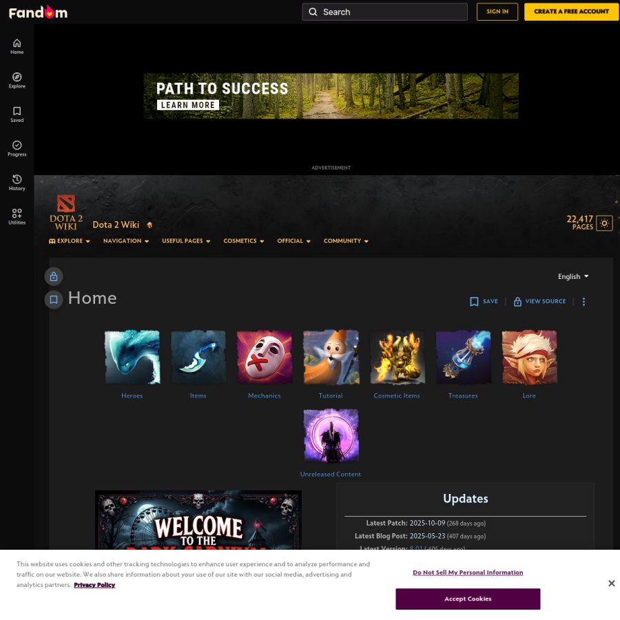 dota2.fandom.com homepage screenshot