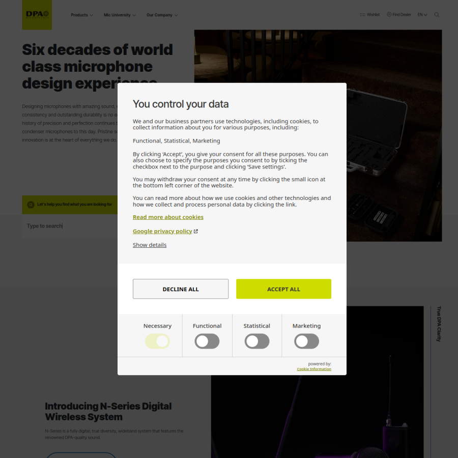 dpamicrophones.com homepage screenshot