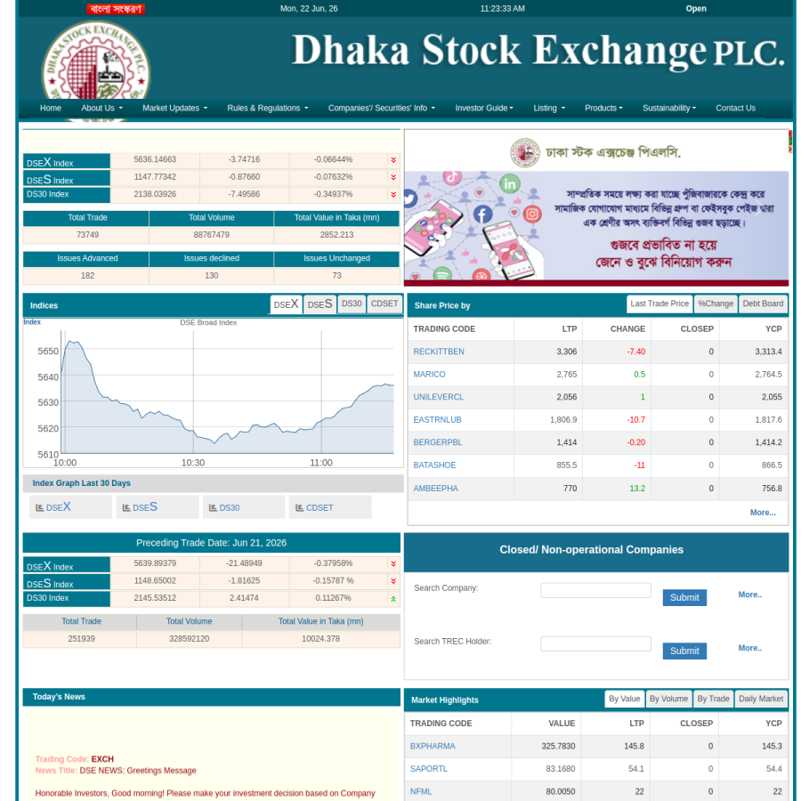 dse.com.bd homepage screenshot