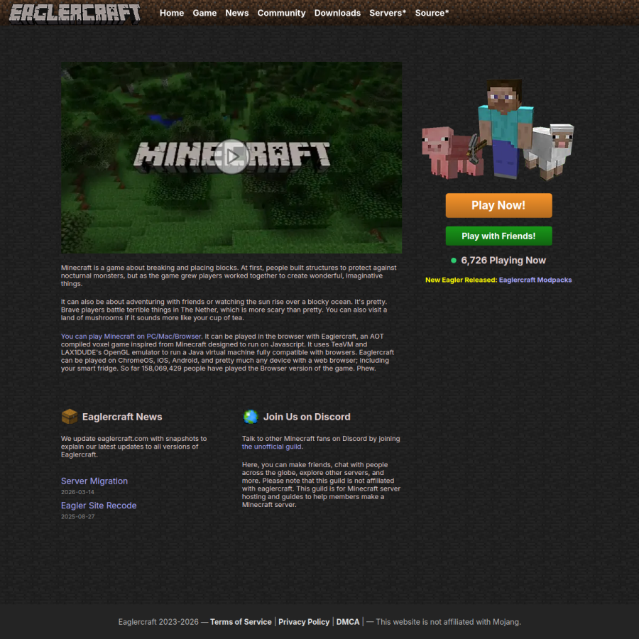 eaglercraft.com homepage screenshot