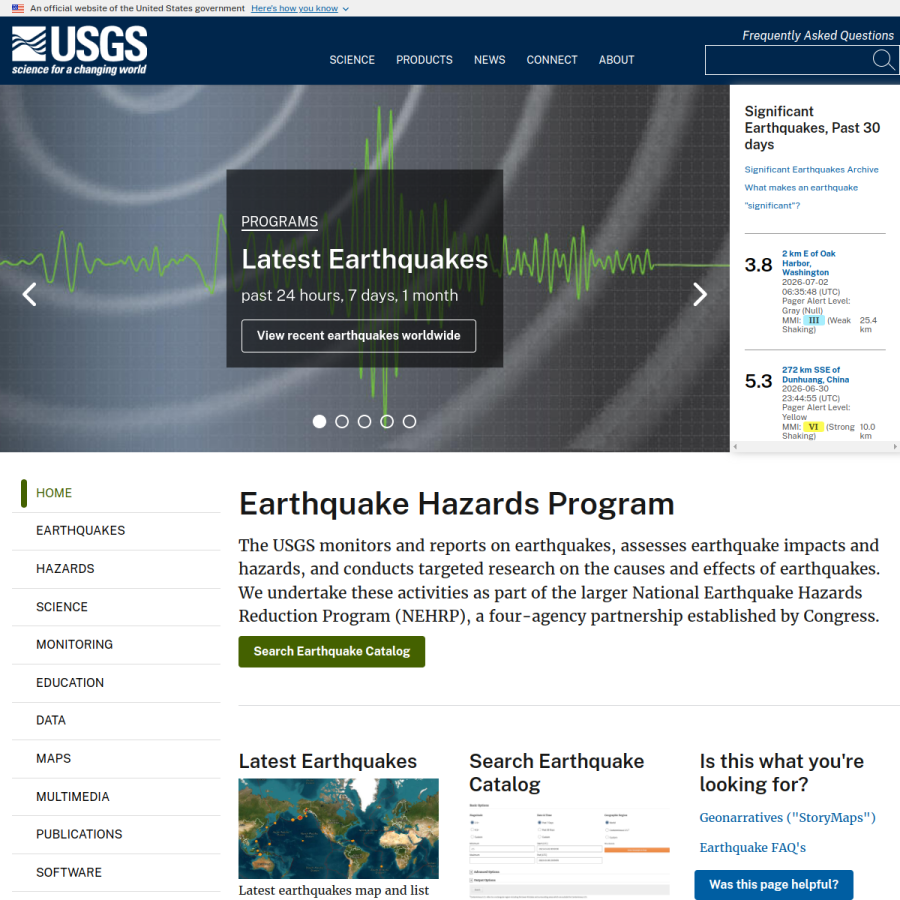 earthquake.usgs.gov homepage screenshot