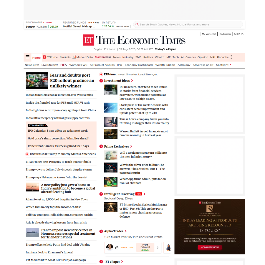 economictimes.indiatimes.com homepage screenshot