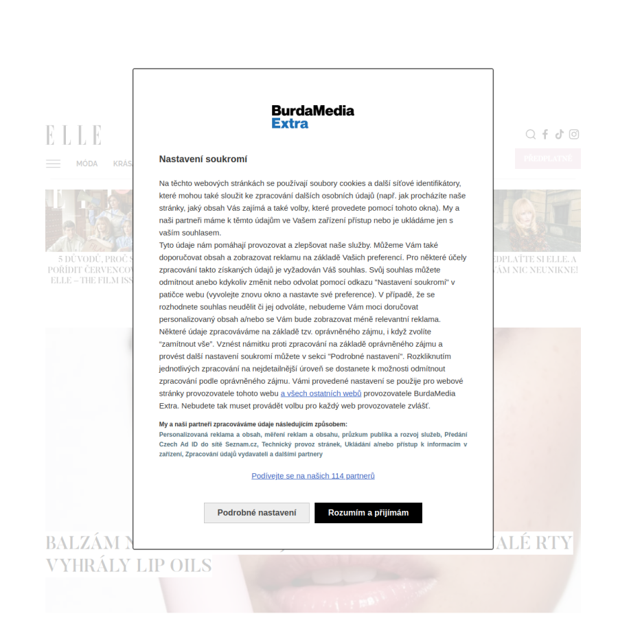 elle.cz homepage screenshot
