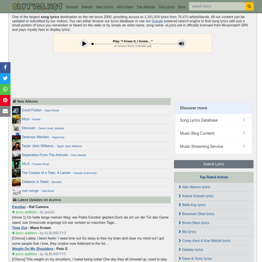 elyrics.net homepage screenshot
