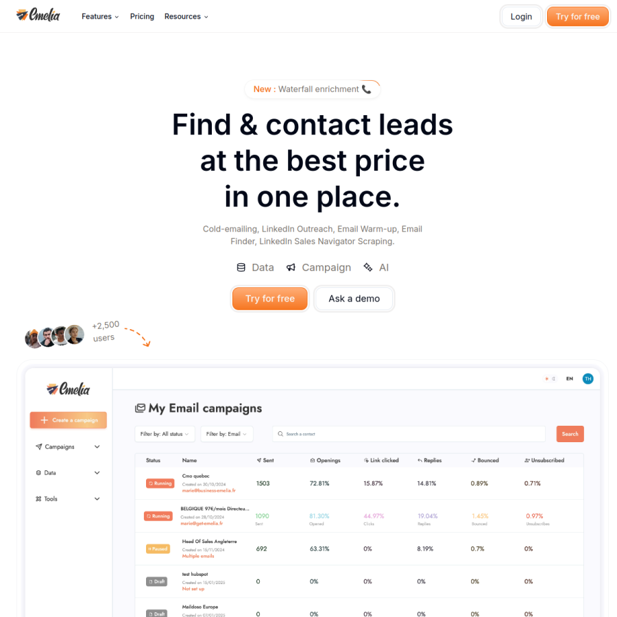 emelia.io homepage screenshot