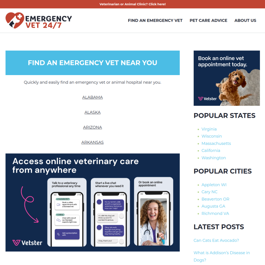 emergencyvet247.com homepage screenshot