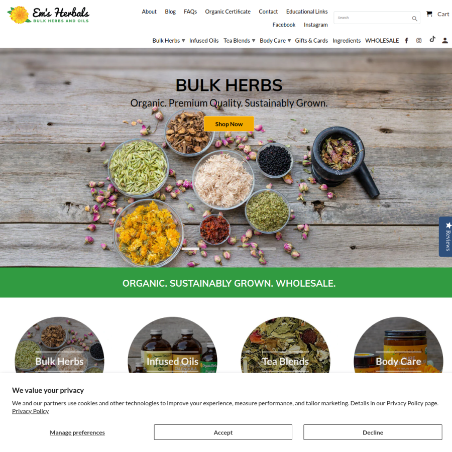 emsherbals.com homepage screenshot