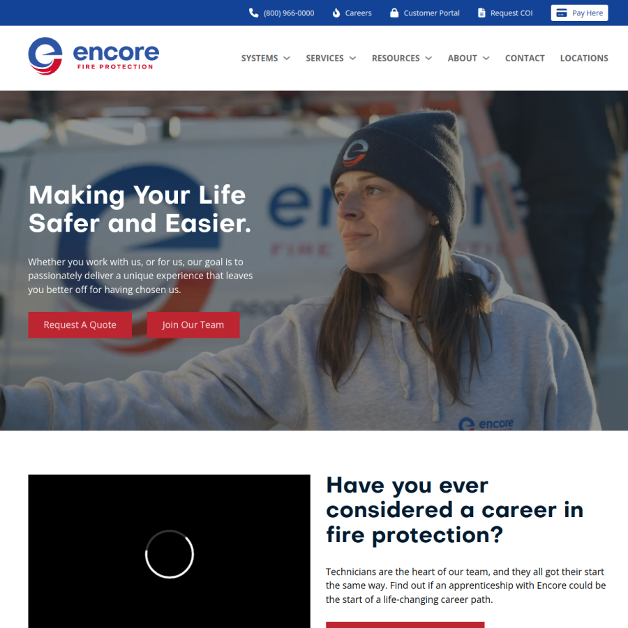 encorefireprotection.com homepage screenshot