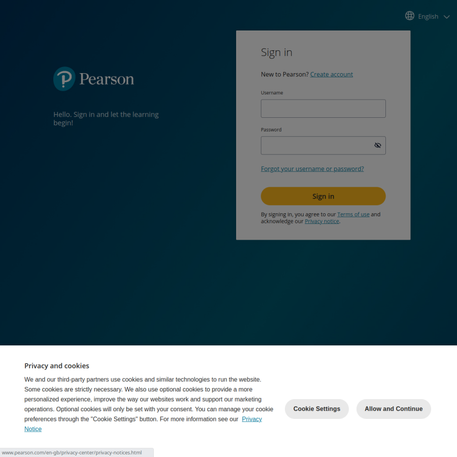 english-dashboard.pearson.com homepage screenshot