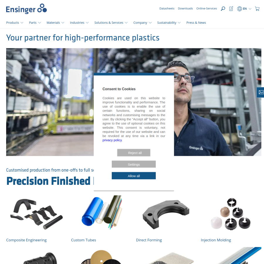 ensingerplastics.com homepage screenshot