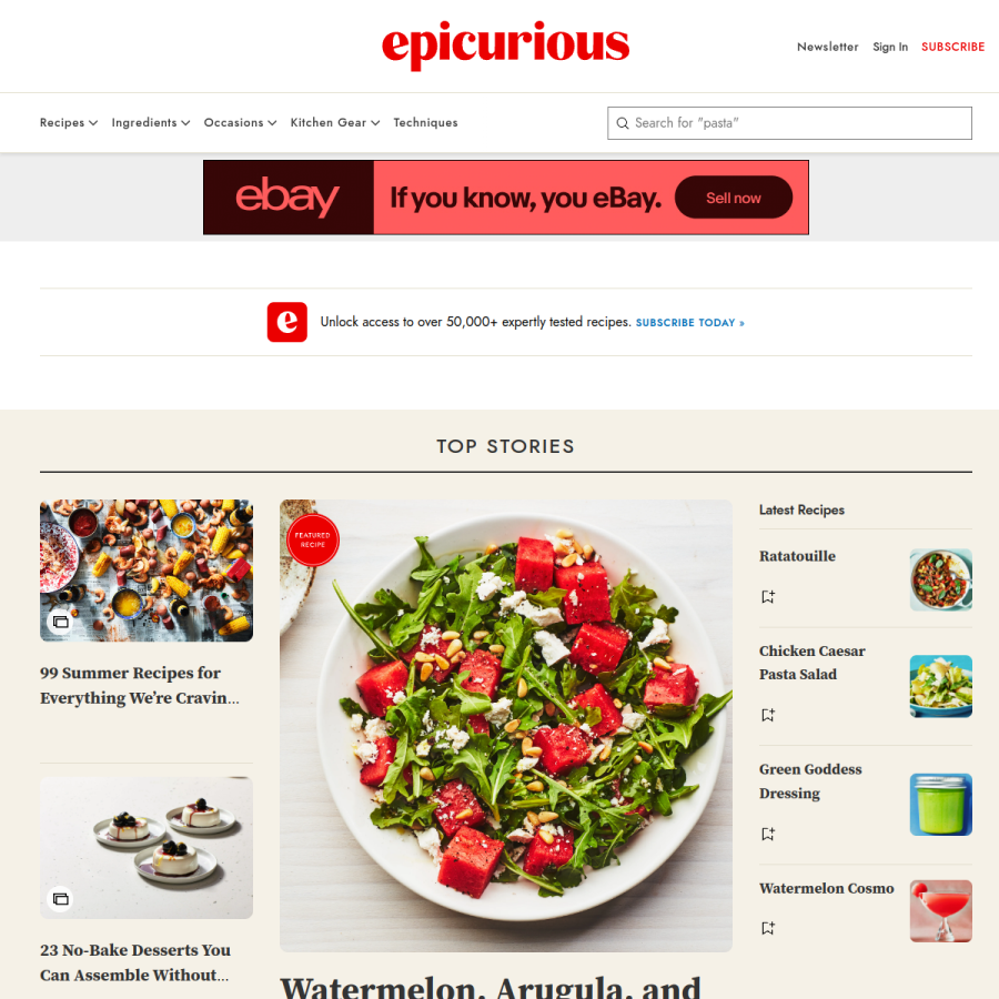 epicurious.com homepage screenshot