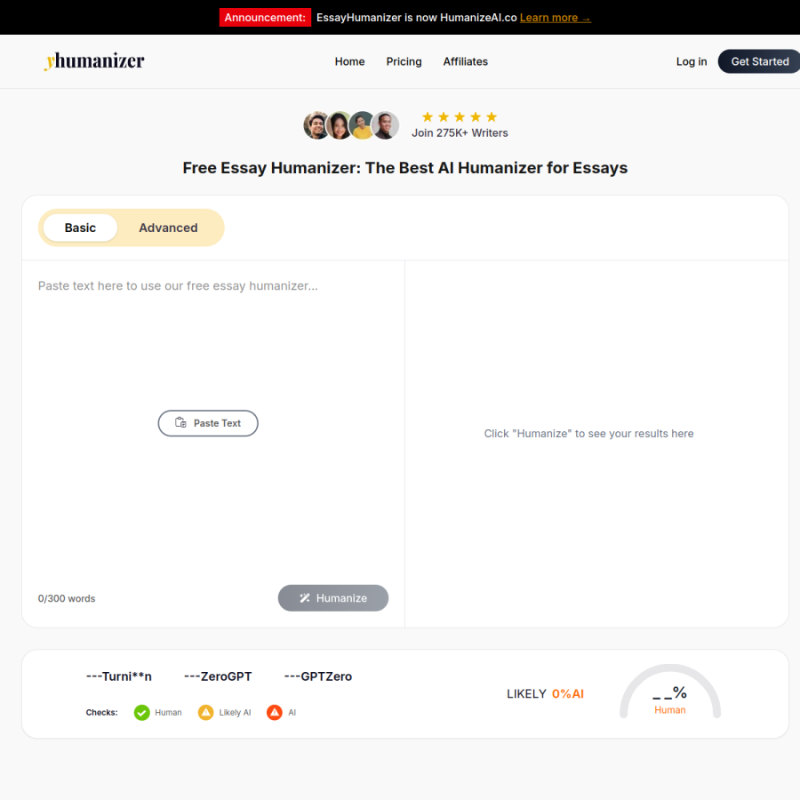 essayhumanizer.io homepage screenshot