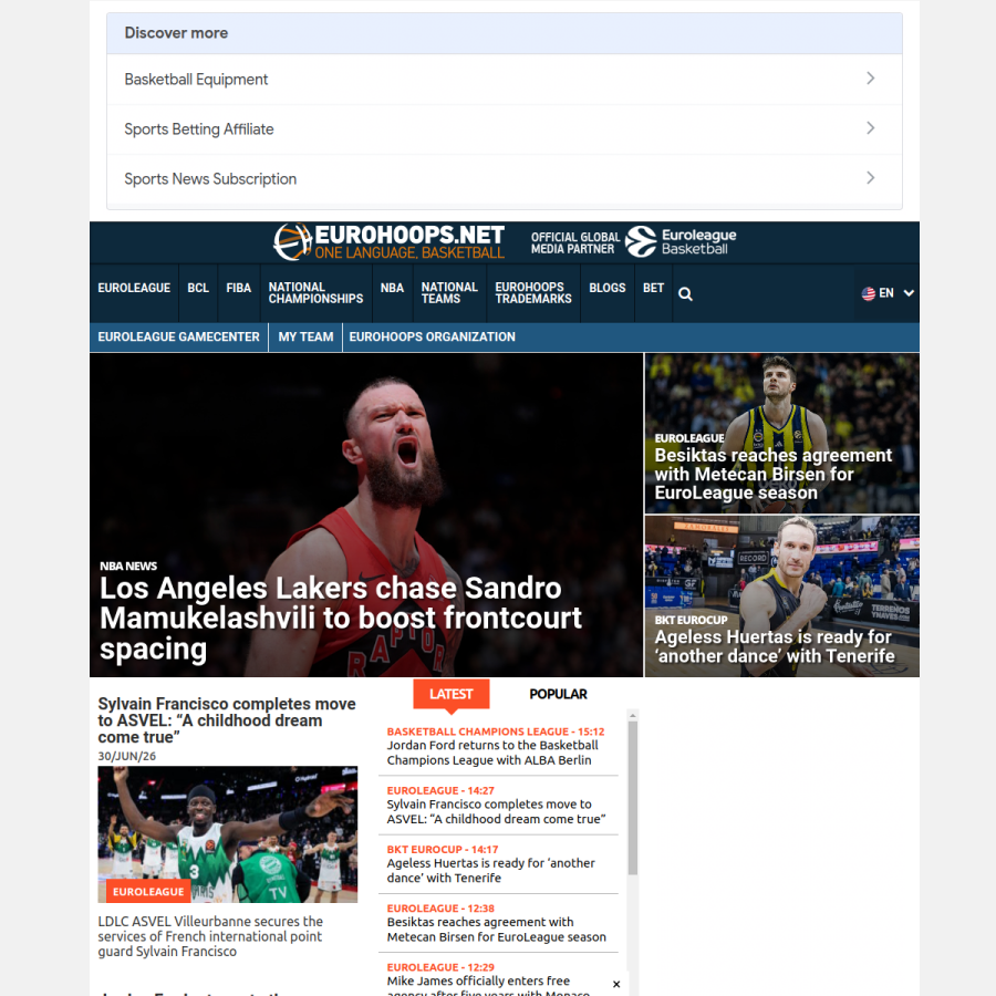 eurohoops.net homepage screenshot