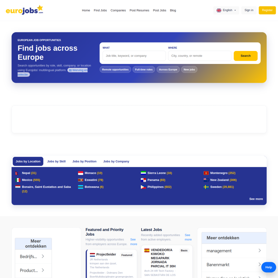 eurojobs.com homepage screenshot