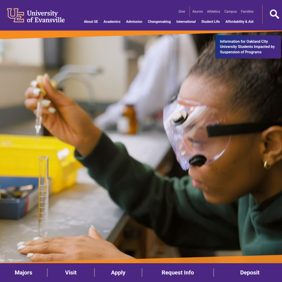 evansville.edu homepage screenshot