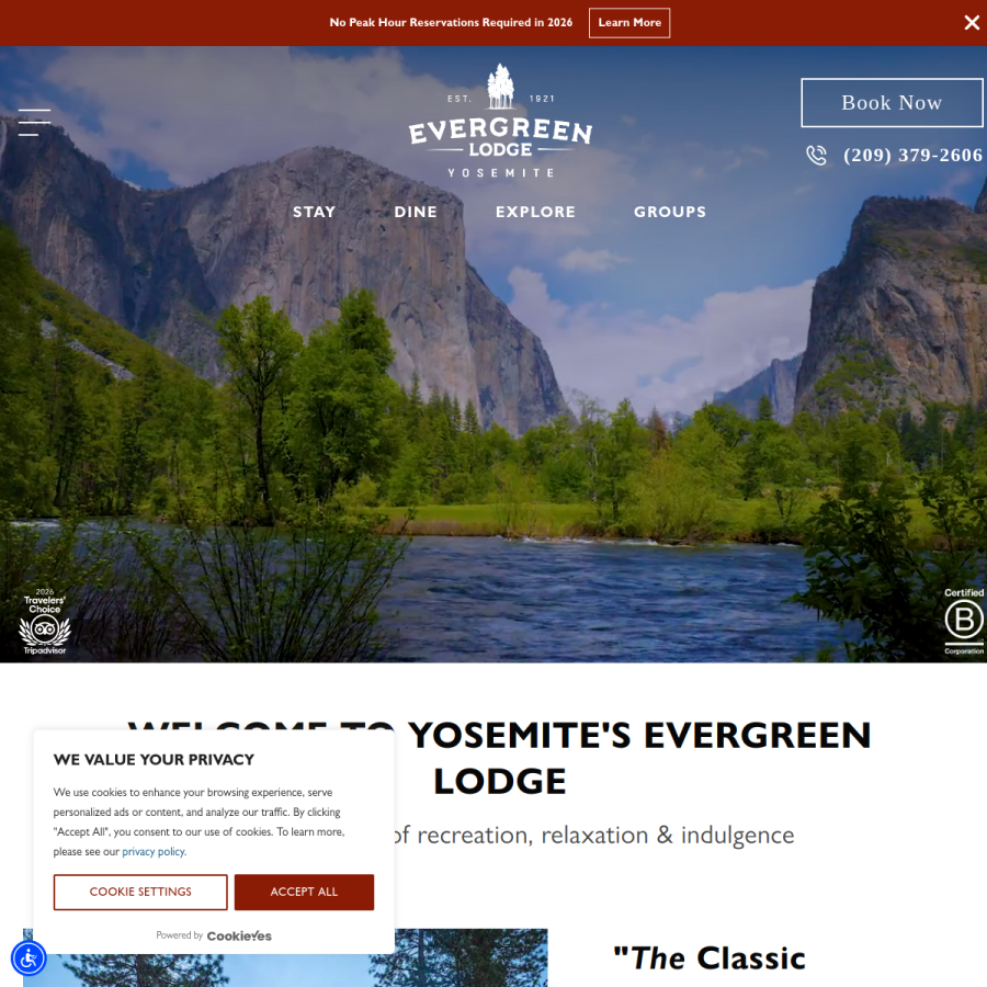 evergreenlodge.com homepage screenshot