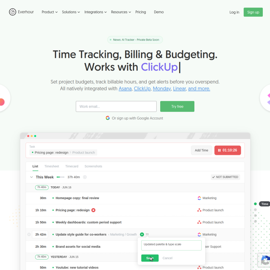 everhour.com homepage screenshot