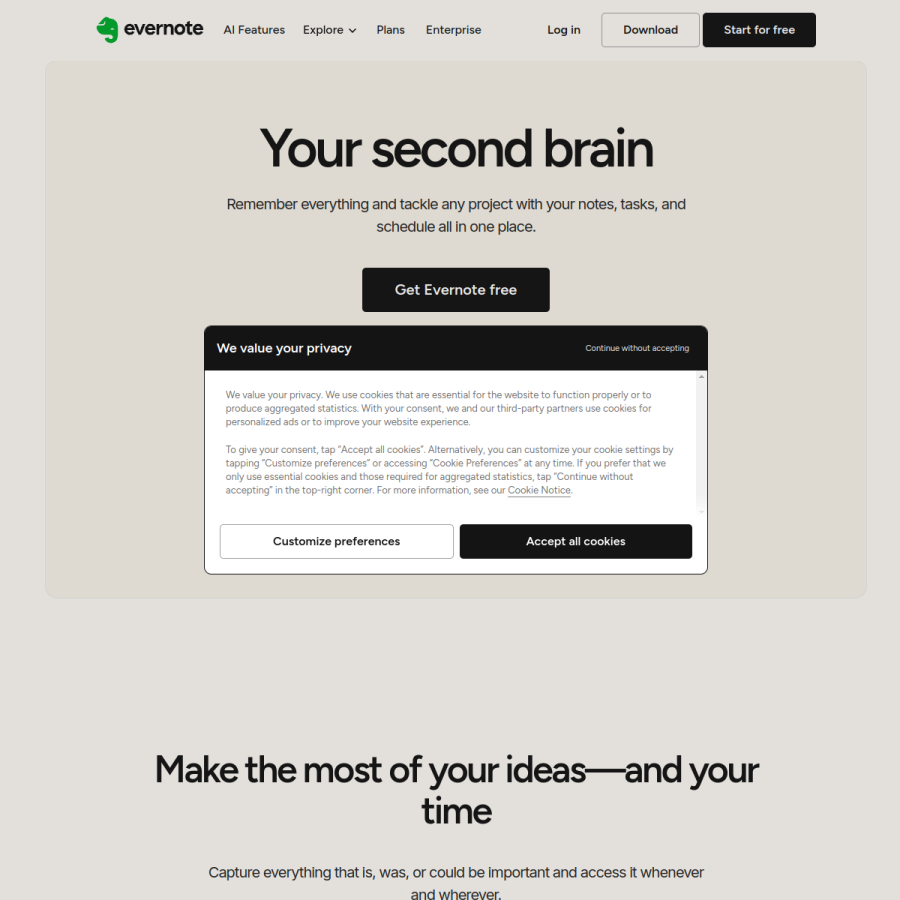 evernote.com homepage screenshot