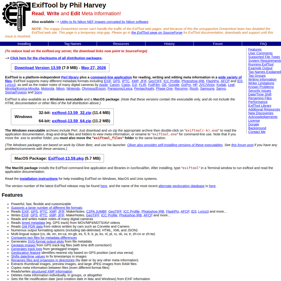 exiftool.org homepage screenshot