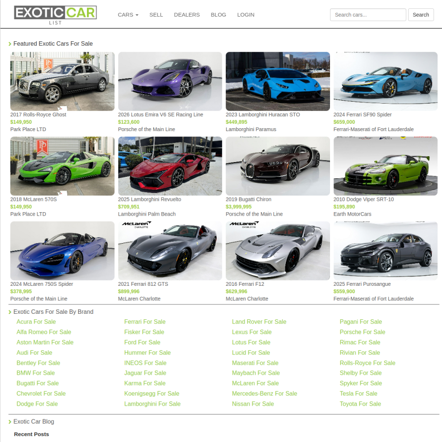 exoticcarlist.com homepage screenshot