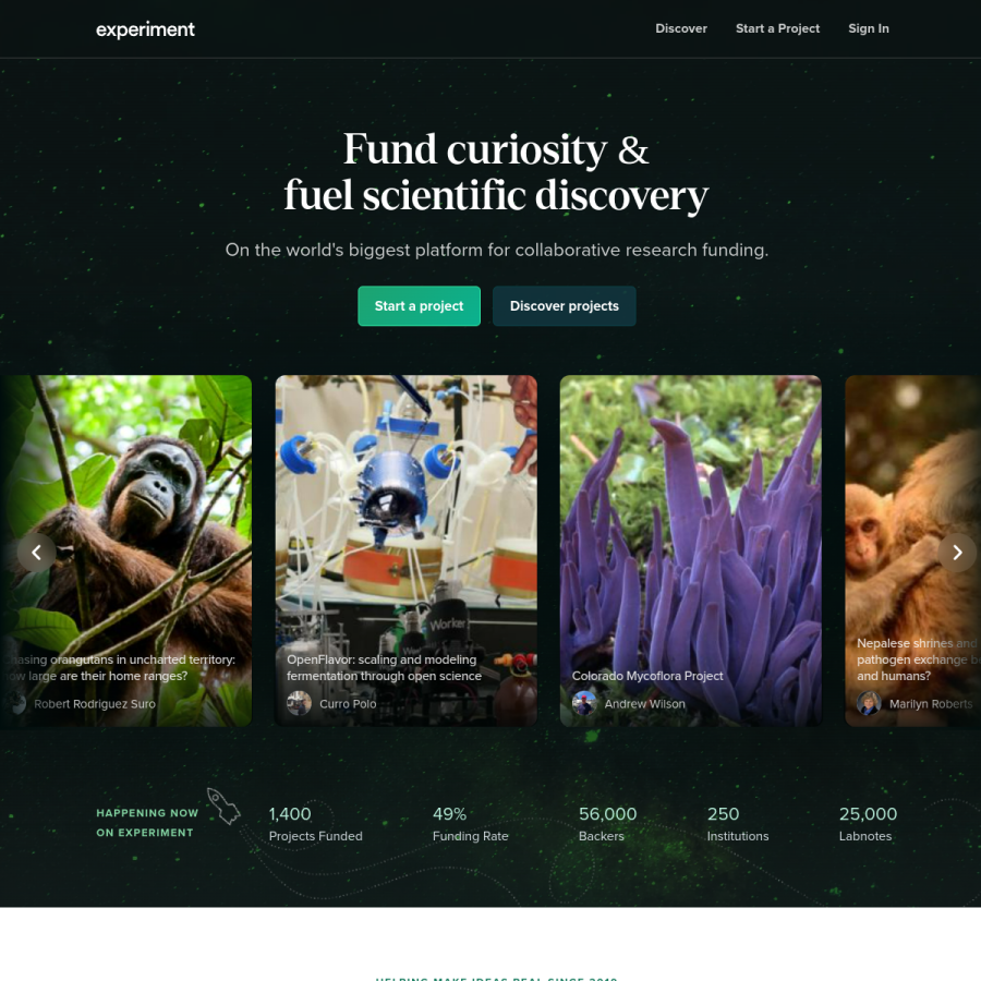 experiment.com homepage screenshot