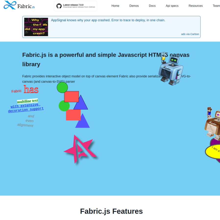fabricjs.com homepage screenshot
