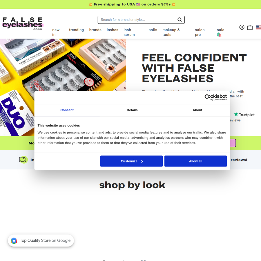 falseeyelashes.co.uk homepage screenshot