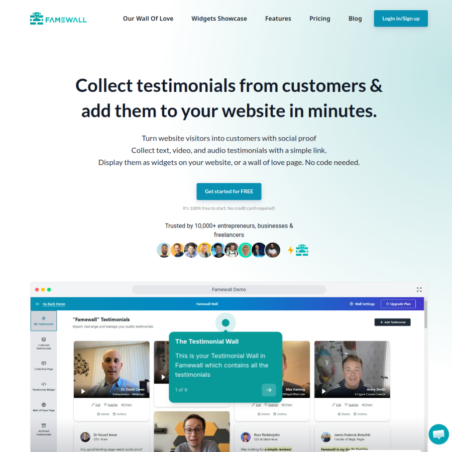 famewall.io homepage screenshot