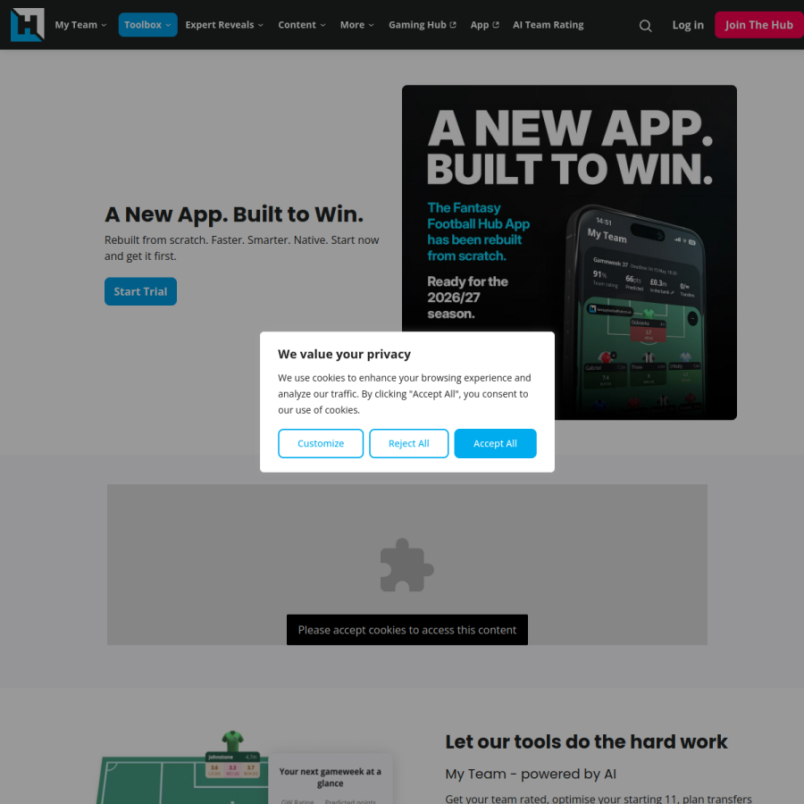 fantasyfootballhub.co.uk homepage screenshot