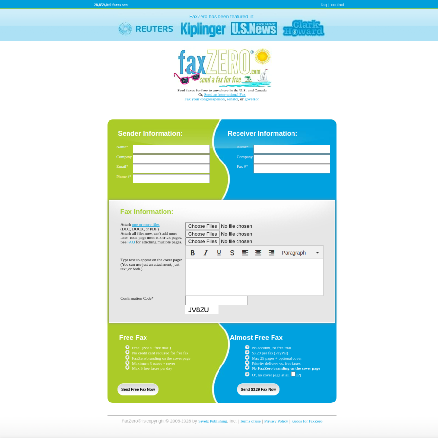 faxzero.com homepage screenshot