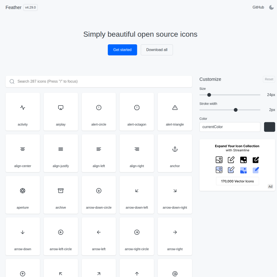 feathericons.com homepage screenshot