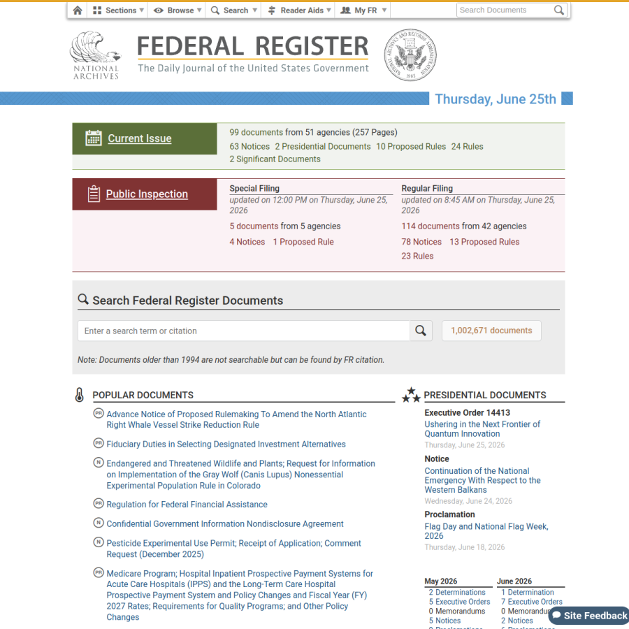 federalregister.gov homepage screenshot