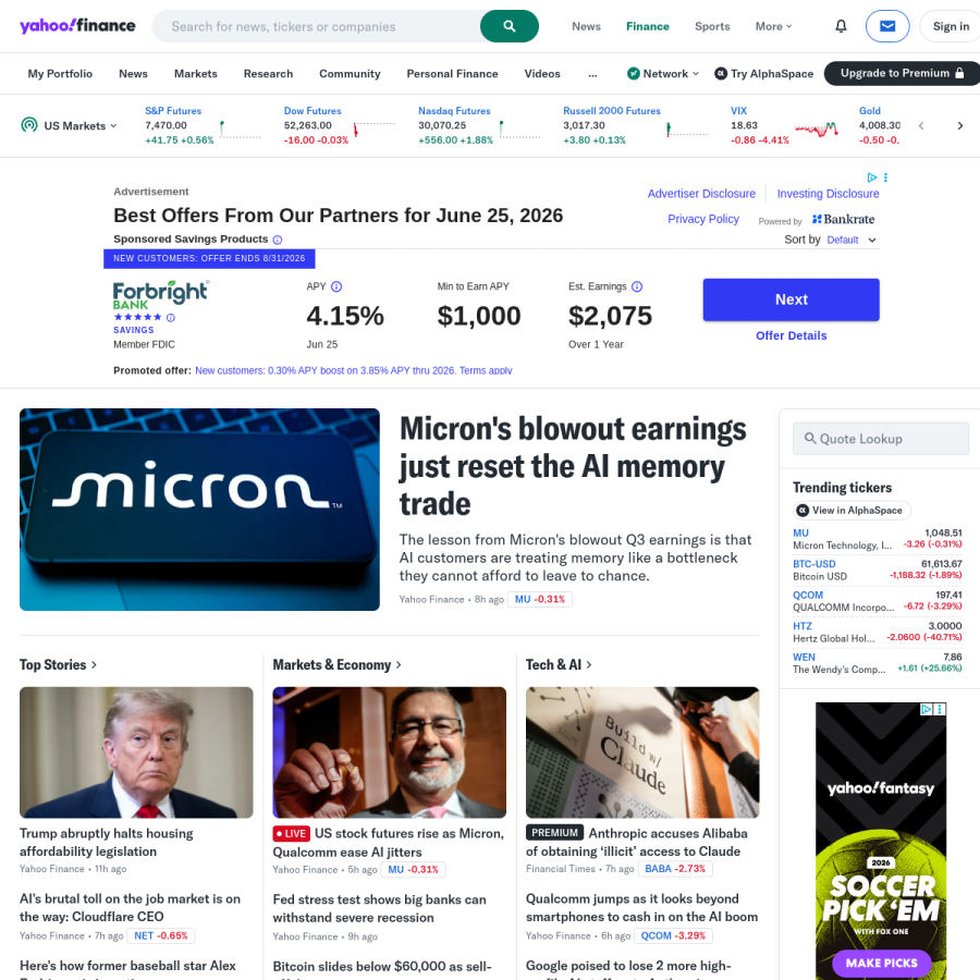 finance.yahoo.com homepage screenshot