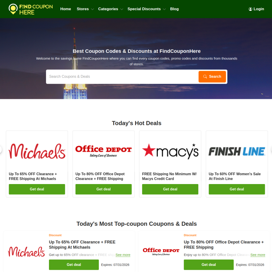 findcouponhere.net homepage screenshot