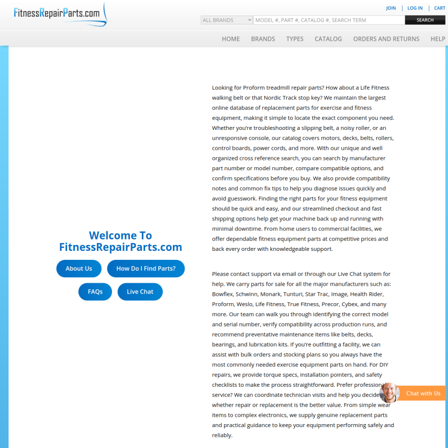 fitnessrepairparts.com homepage screenshot
