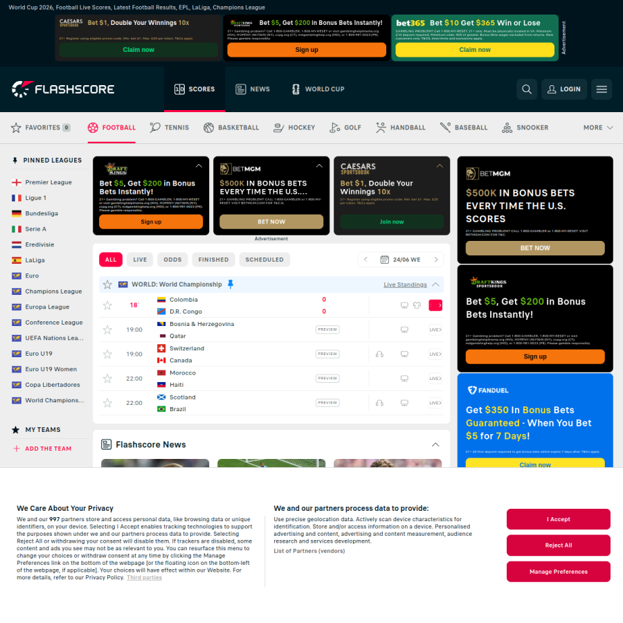 flashscore.com homepage screenshot
