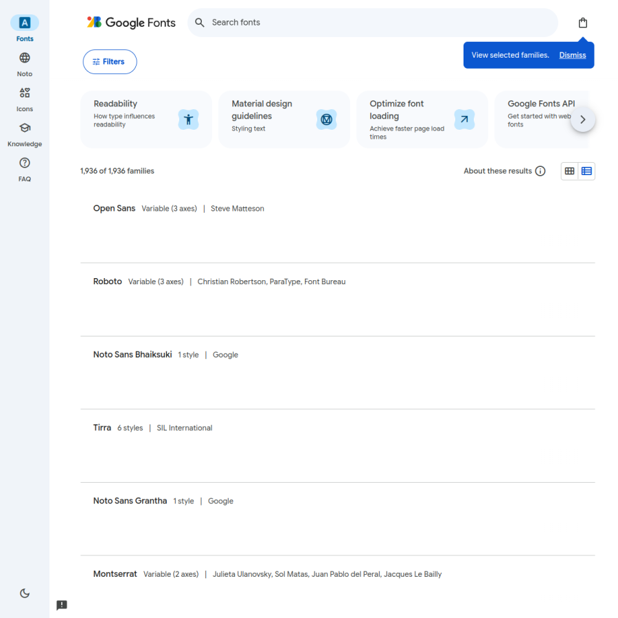 fonts.google.com homepage screenshot