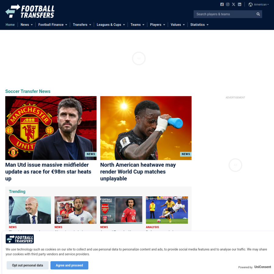 footballtransfers.com homepage screenshot