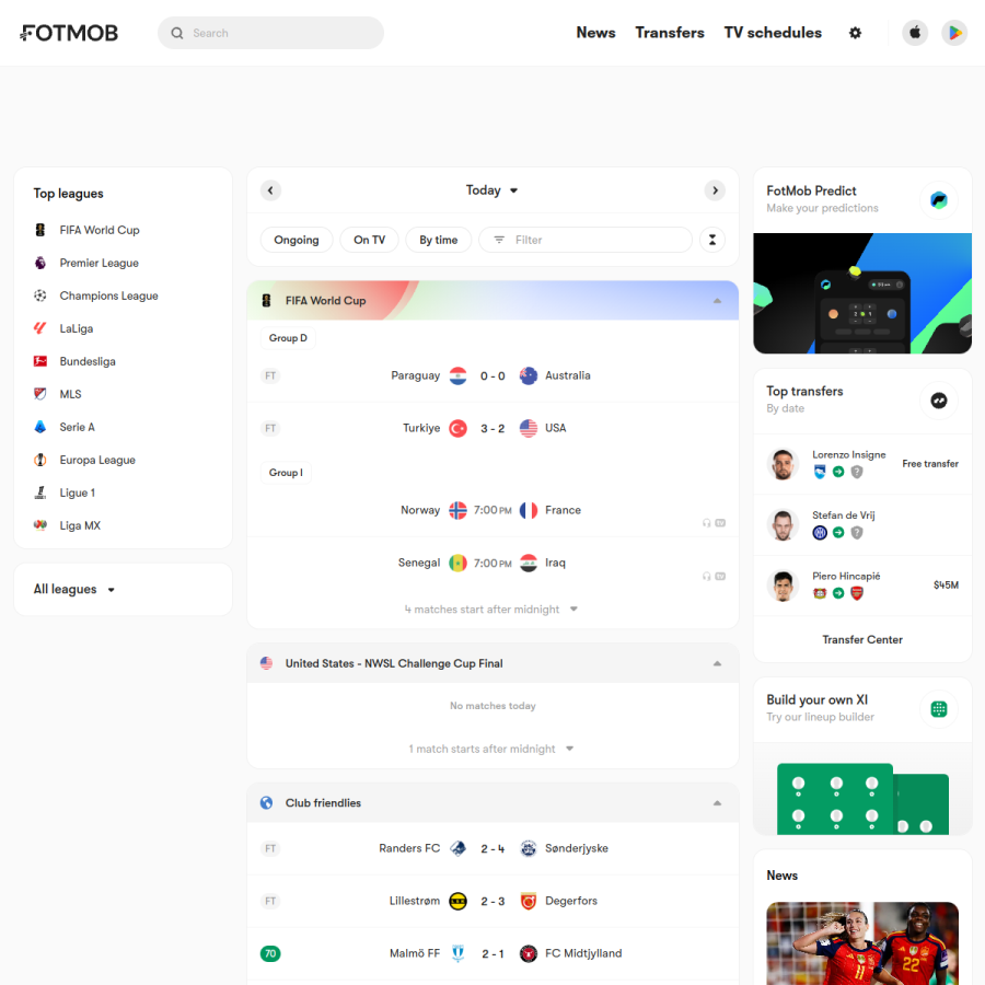 fotmob.com homepage screenshot