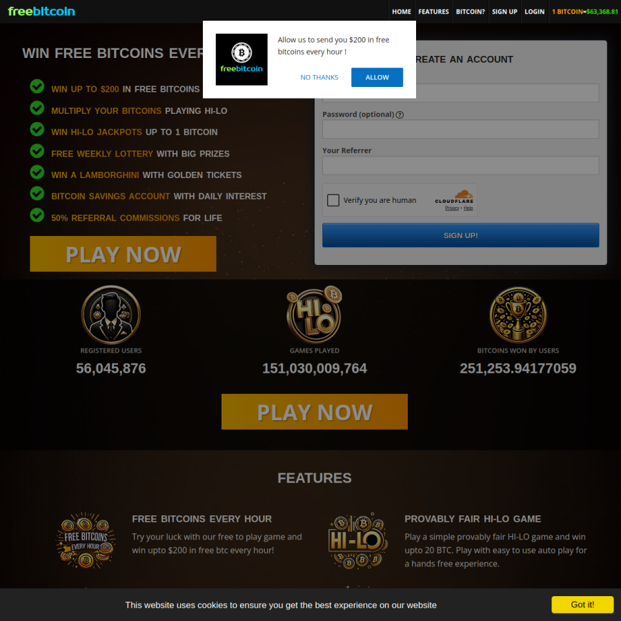 freebitco.in homepage screenshot