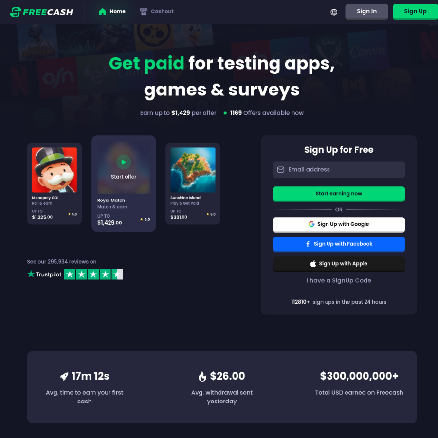 freecash.com homepage screenshot