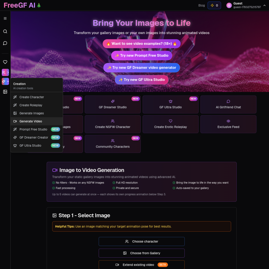 freegf.ai homepage screenshot