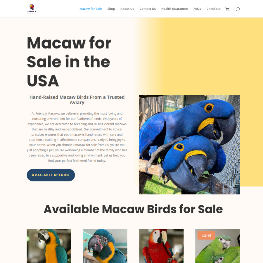 friendlymacaws.com homepage screenshot