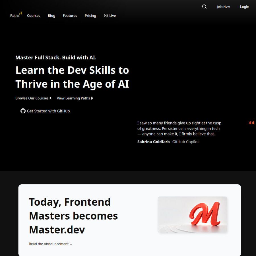 frontendmasters.com homepage screenshot