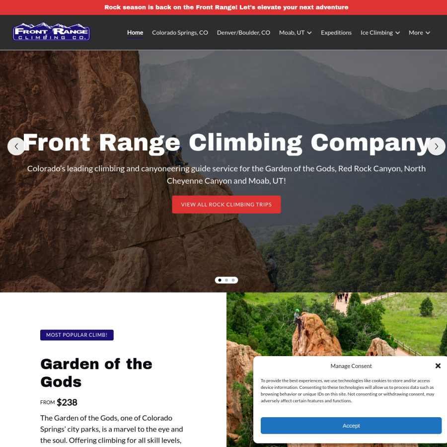 frontrangeclimbing.com homepage screenshot