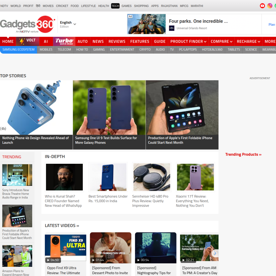 gadgets360.com homepage screenshot