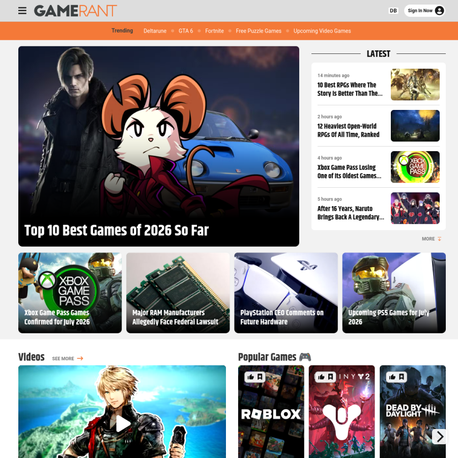gamerant.com homepage screenshot