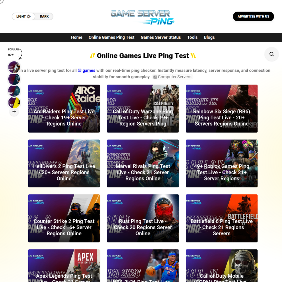 gameserverping.net homepage screenshot